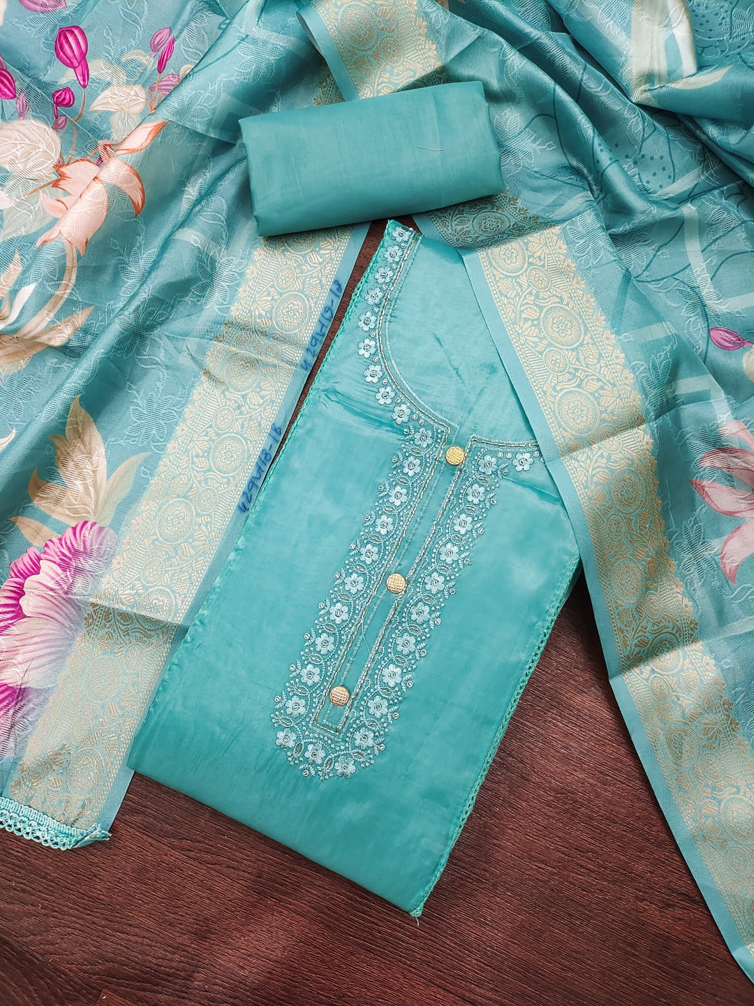 Peachmode Turquoise Unstitched Dress Material - Image 1