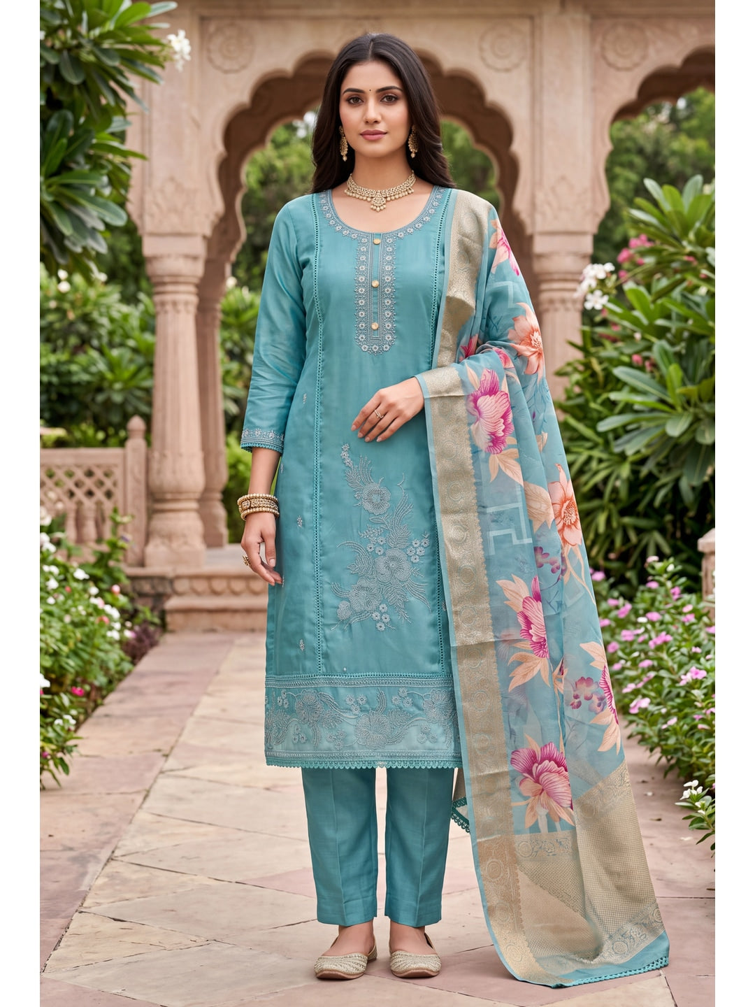 Peachmode Turquoise Unstitched Dress Material - Image 3
