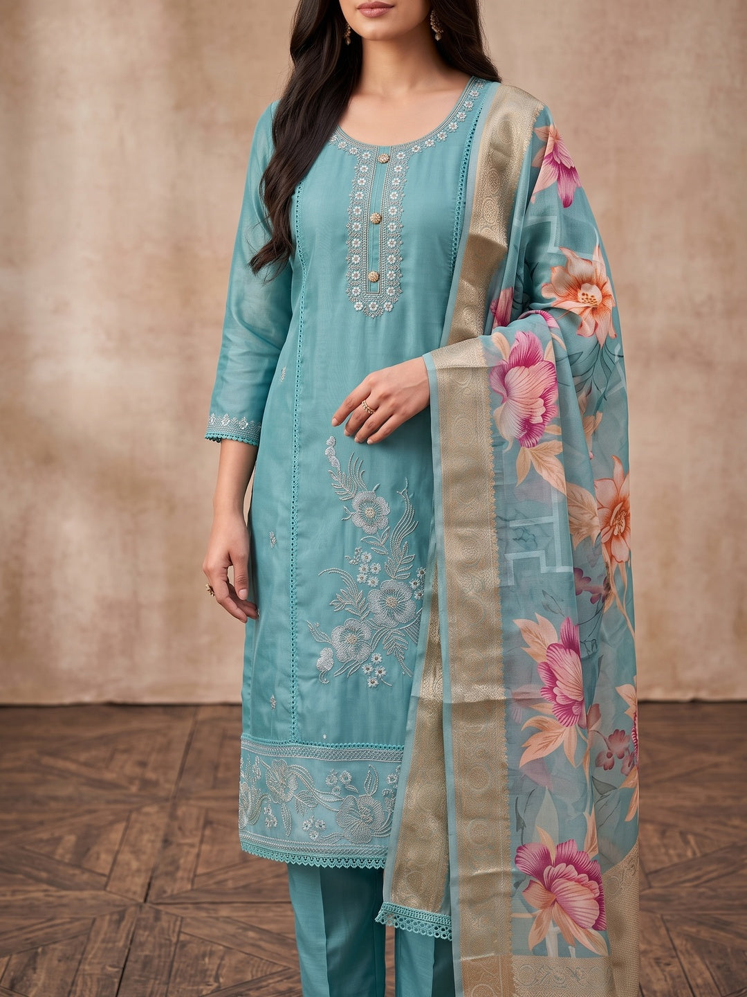 Peachmode Turquoise Unstitched Dress Material - Image 2