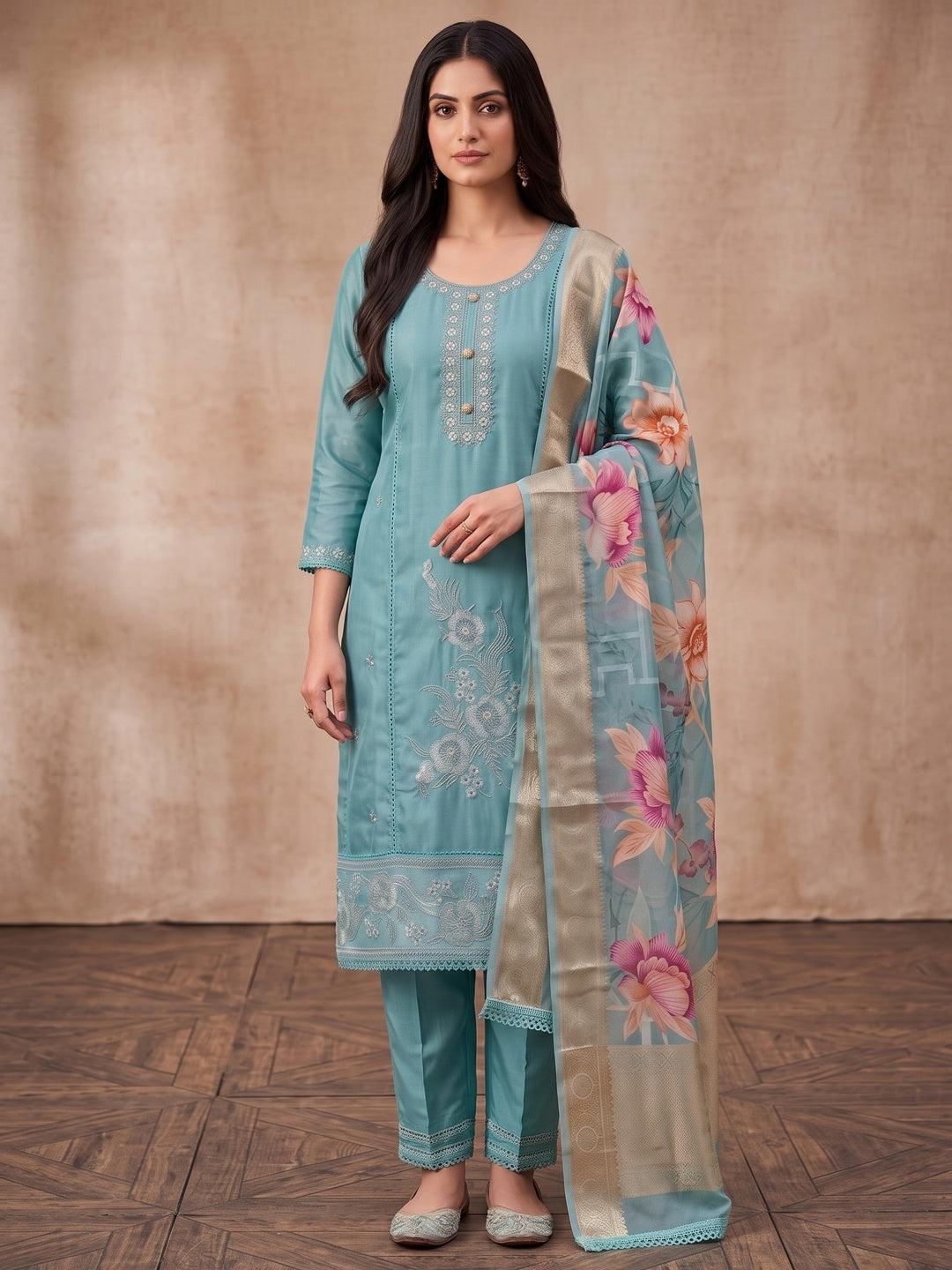Peachmode Turquoise Unstitched Dress Material - Image 4