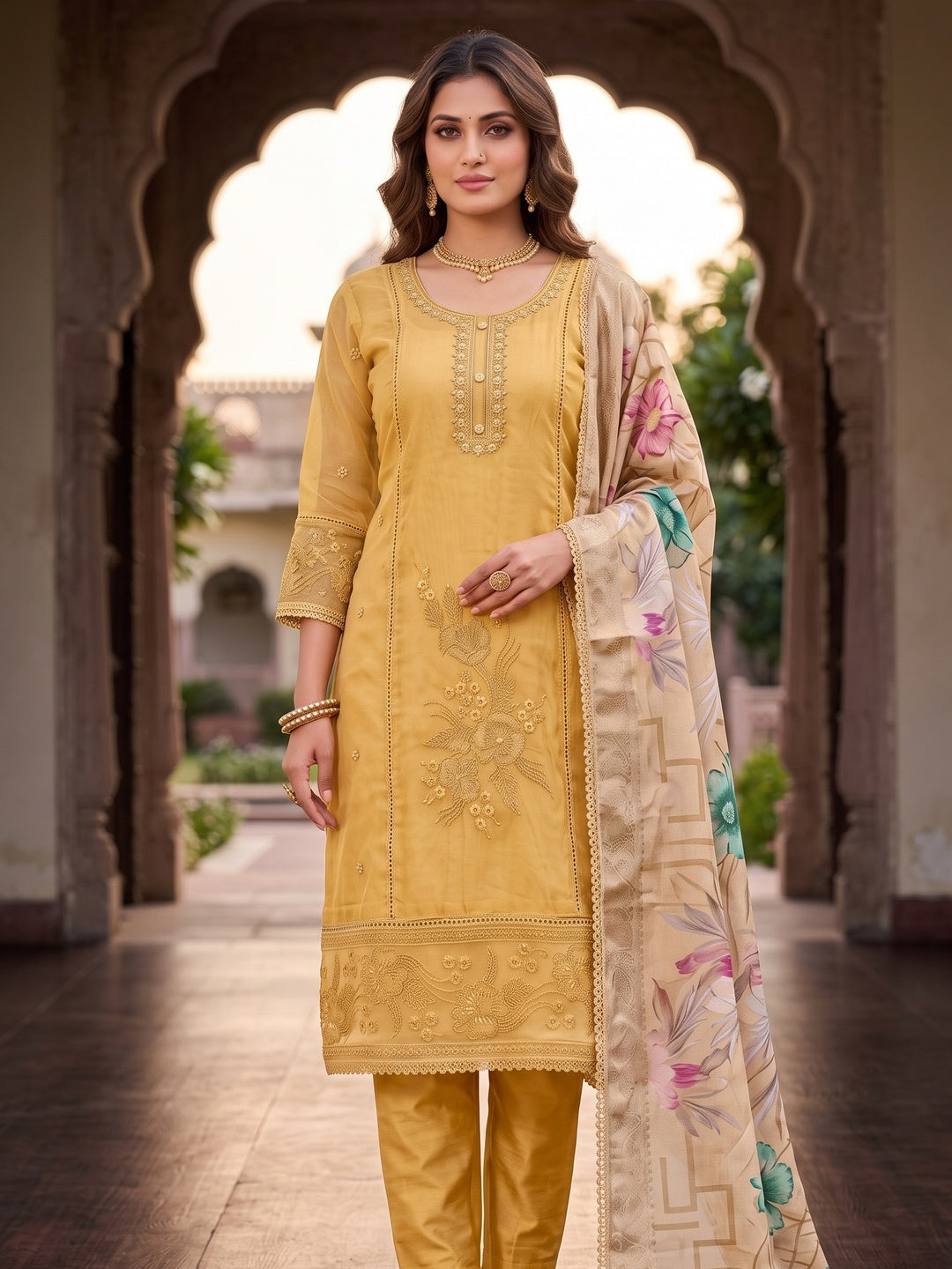 Peachmode Yellow Unstitched Dress Material - Image 2