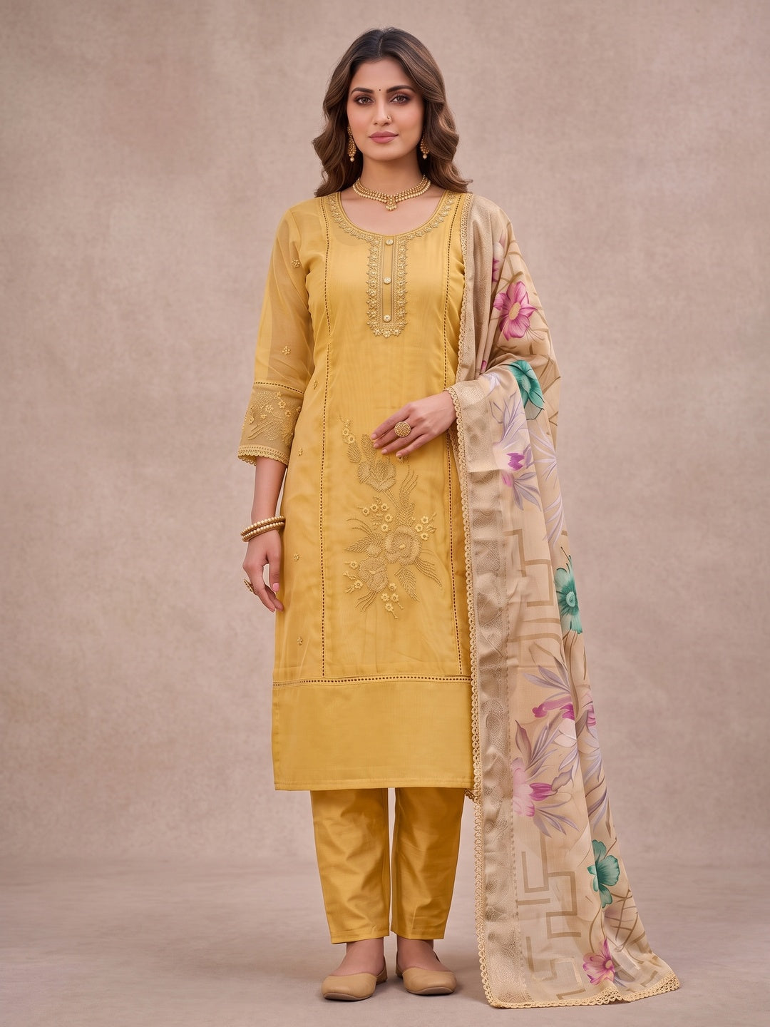 Peachmode Yellow Unstitched Dress Material - Image 4