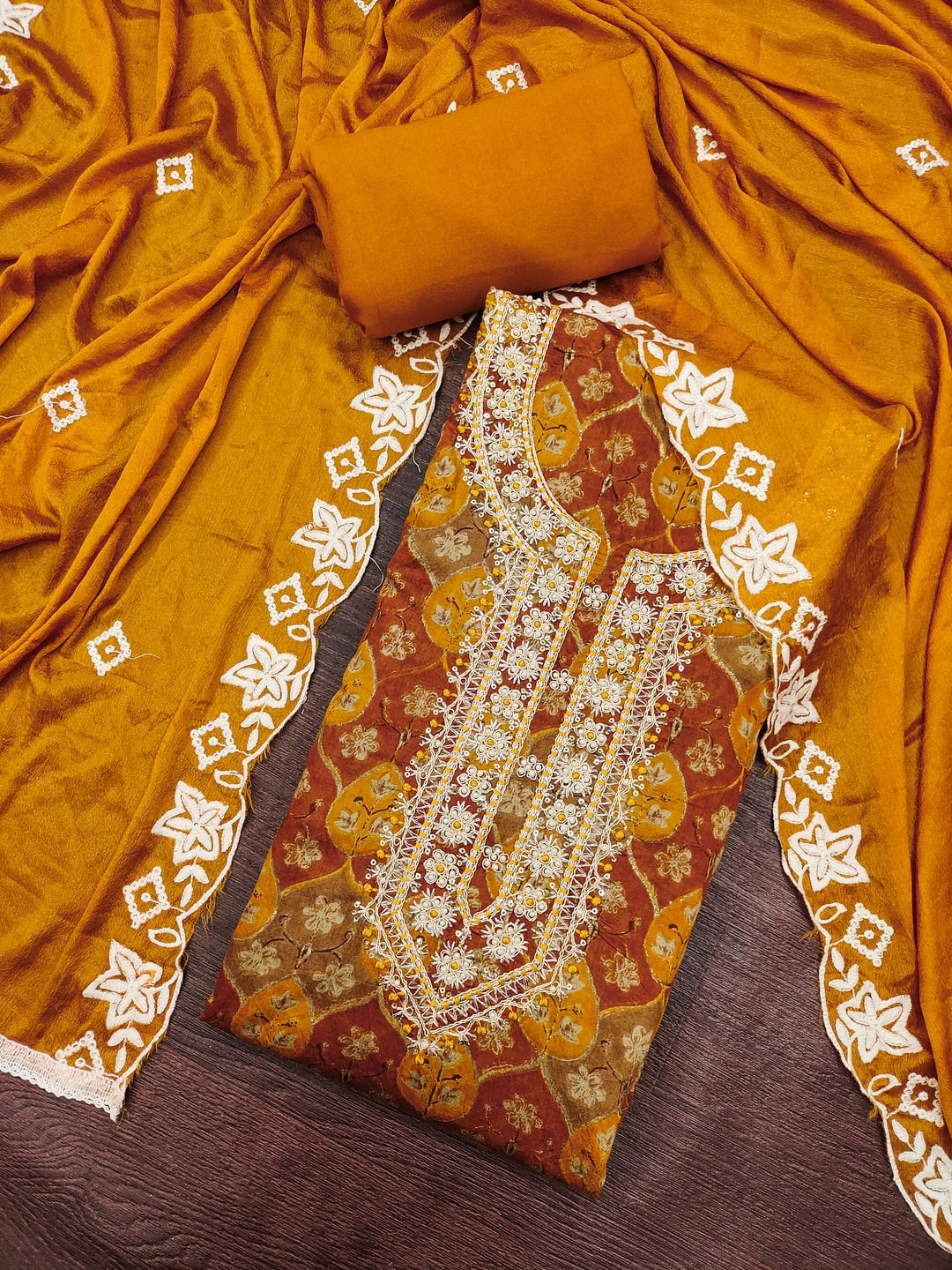 Peachmode Mustard Unstitched Dress Material - Image 1