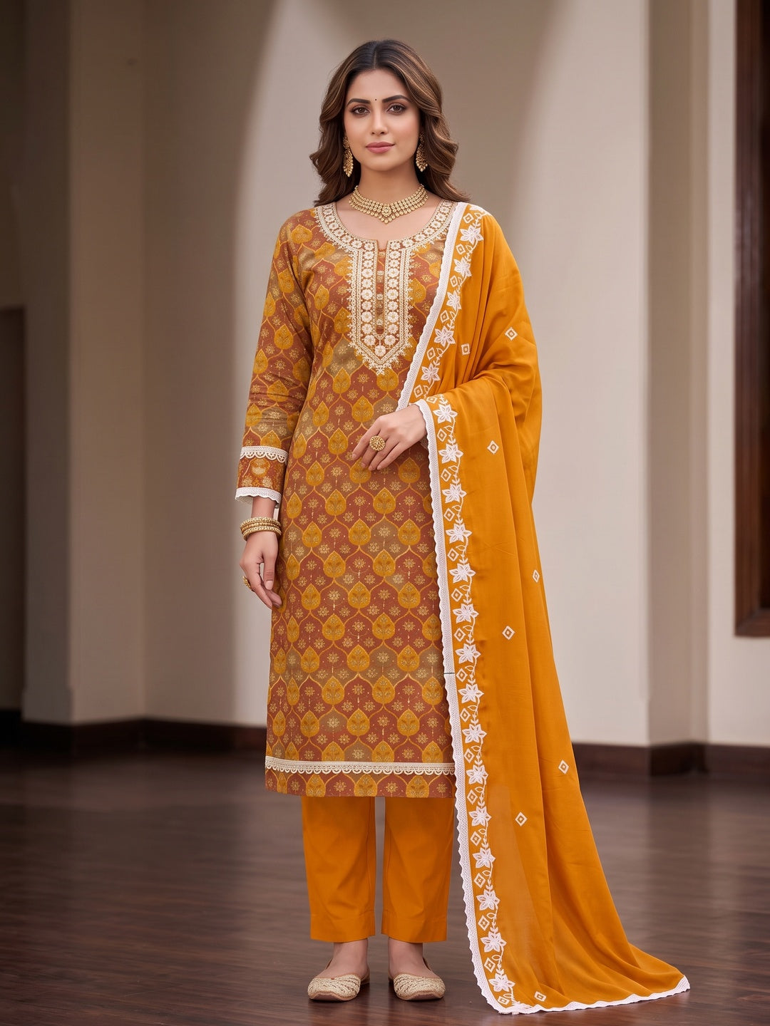 Peachmode Mustard Unstitched Dress Material - Image 2