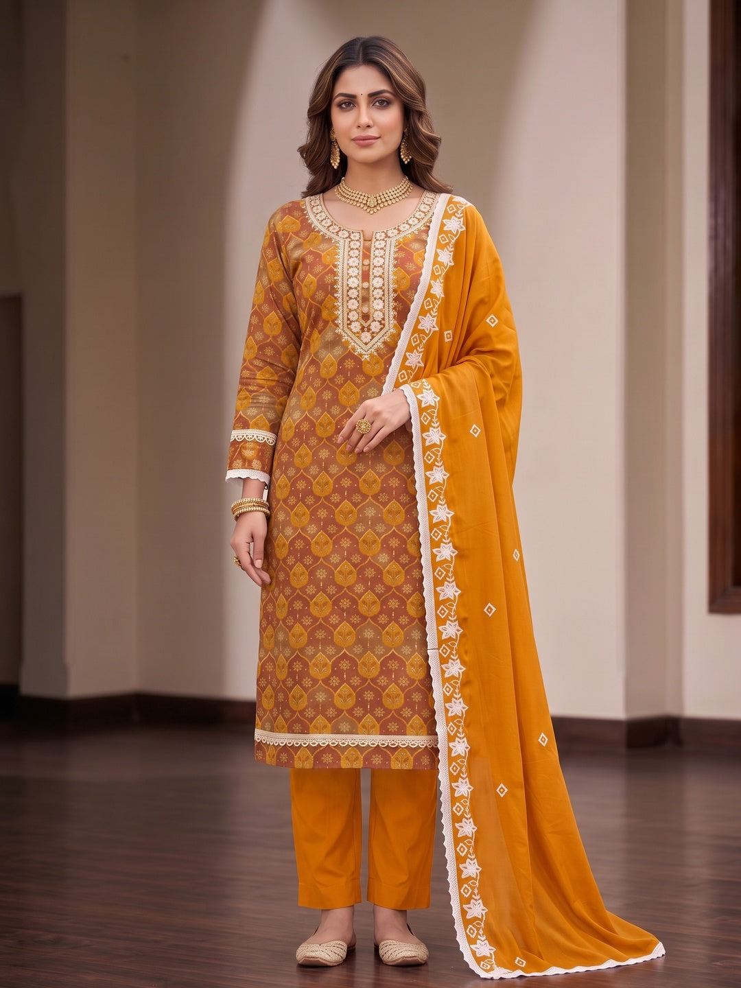 Peachmode Mustard Unstitched Dress Material - Image 4