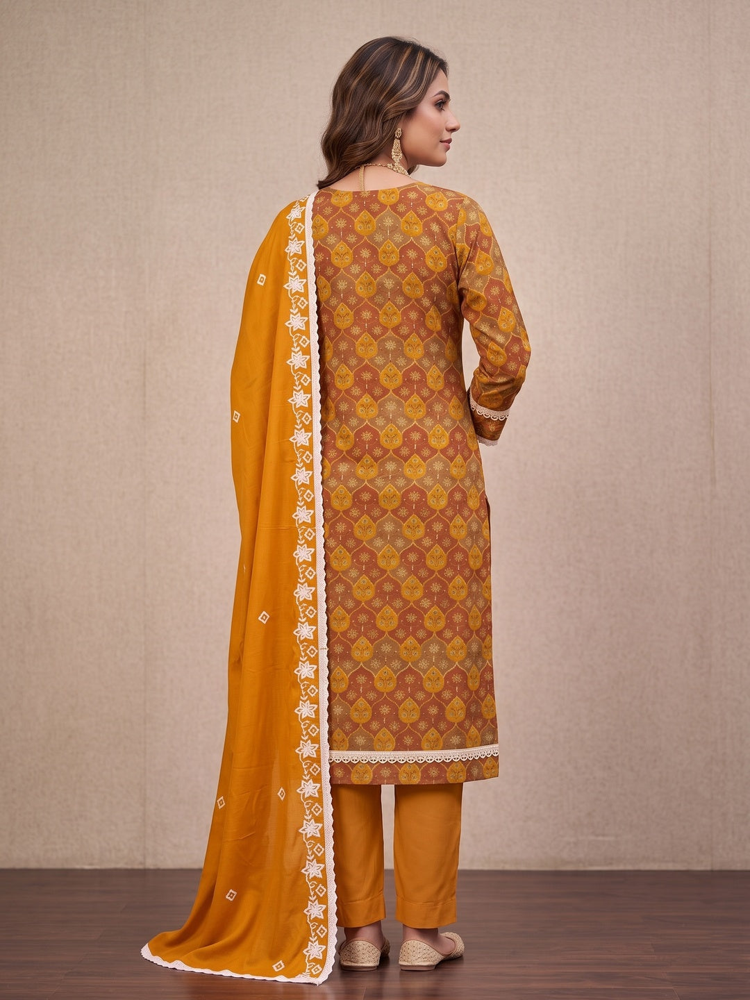 Peachmode Mustard Unstitched Dress Material - Image 5