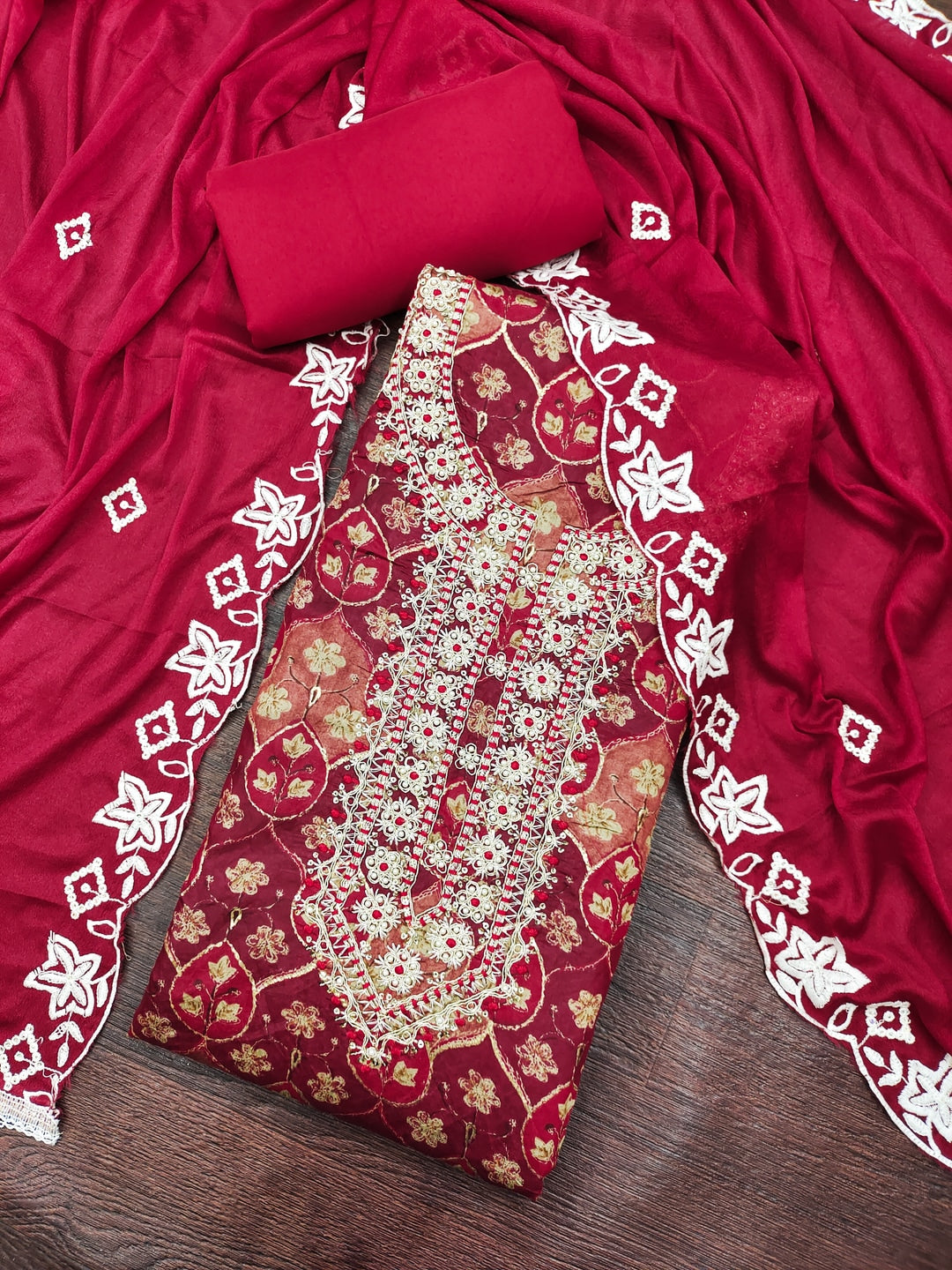 Peachmode Red Unstitched Dress Material - Image 1