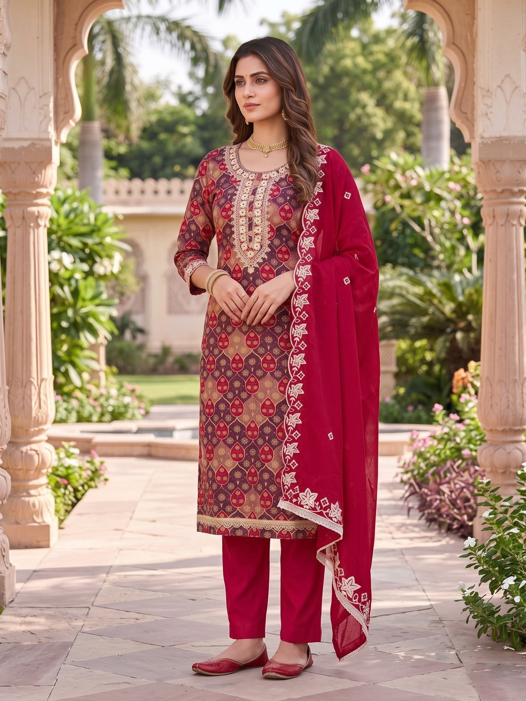 Peachmode Red Unstitched Dress Material - Image 2