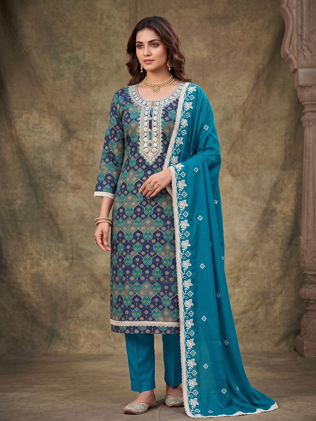 Peachmode Turquoise Unstitched Dress Material - Image 2