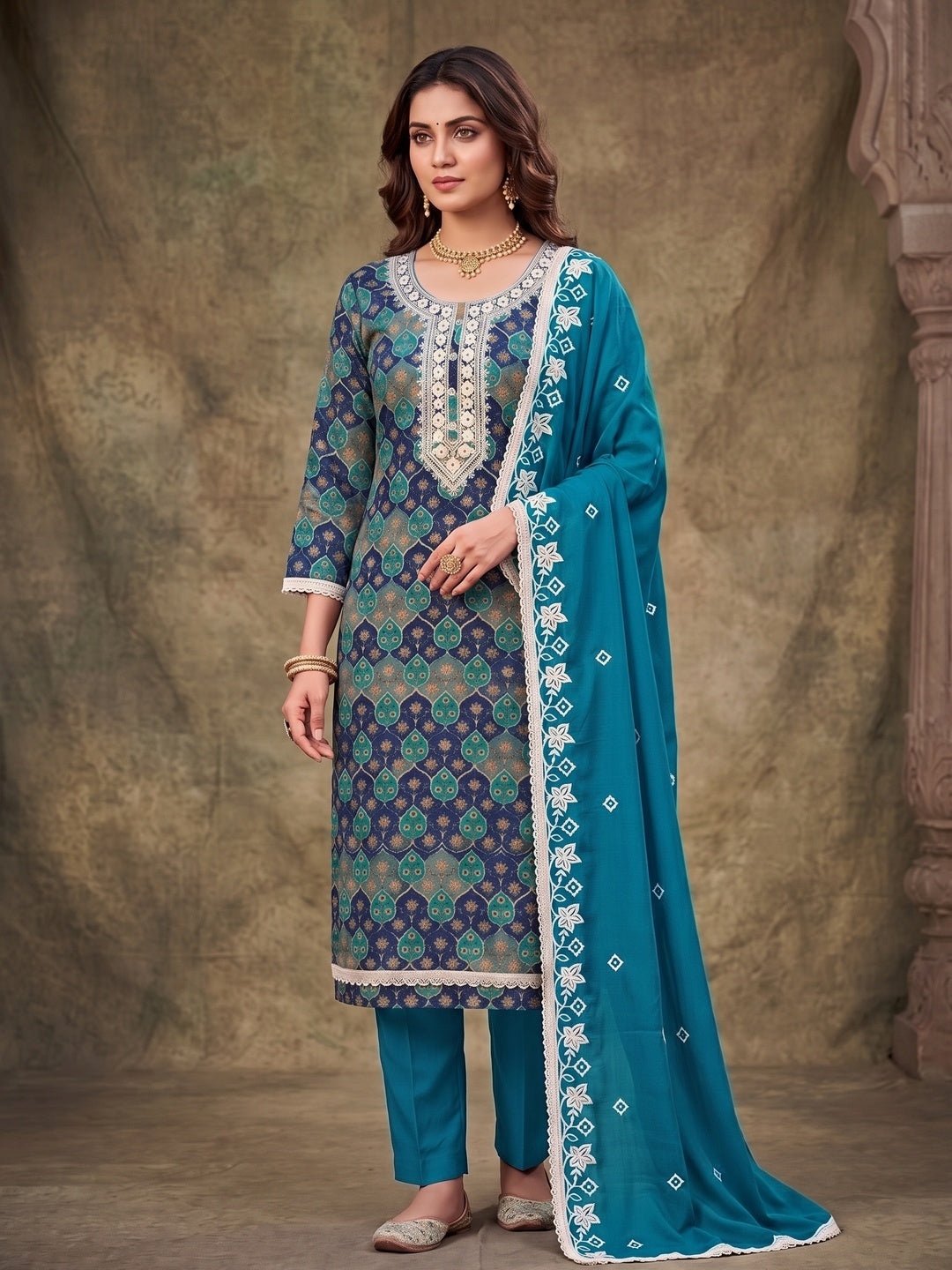 Peachmode Turquoise Unstitched Dress Material - Image 4