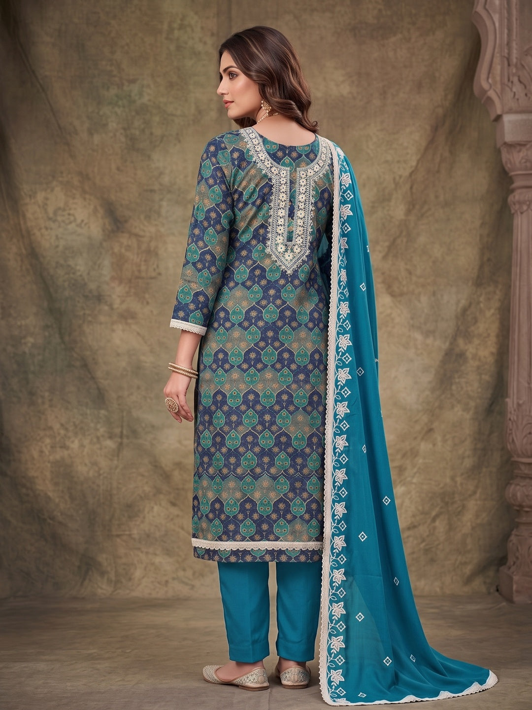Peachmode Turquoise Unstitched Dress Material - Image 5