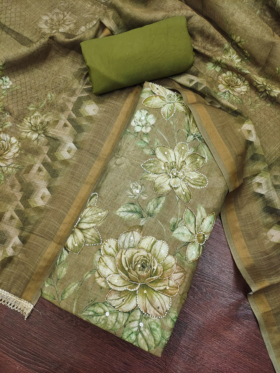 Peachmode Olive Unstitched Dress Material - Image 1