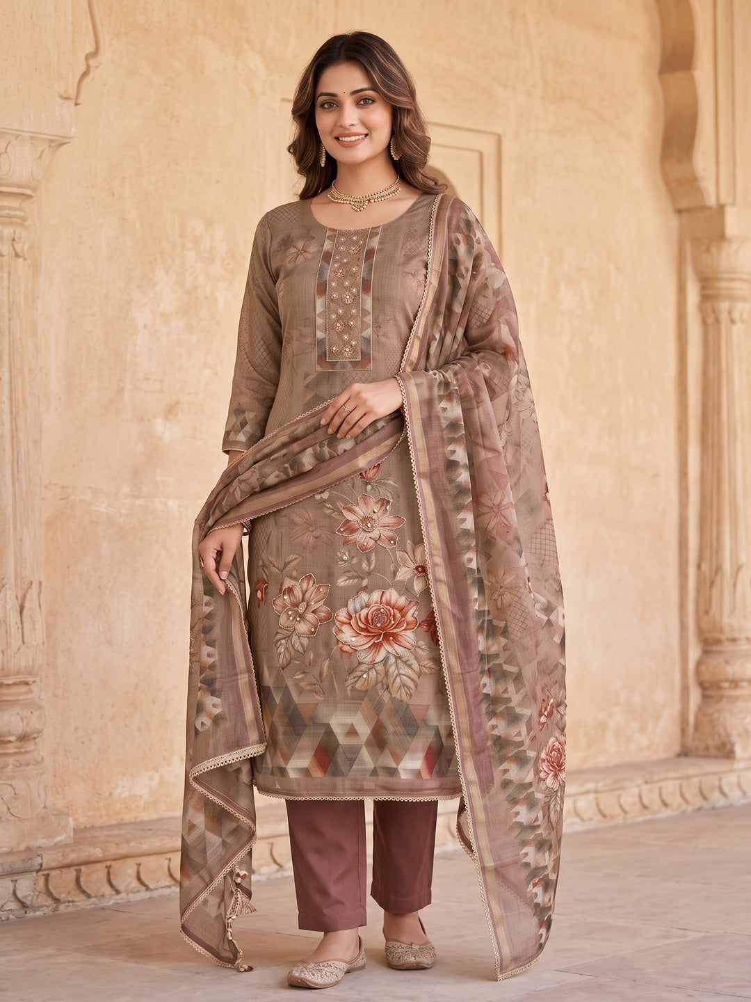 Peachmode Brown Unstitched Dress Material - Image 2