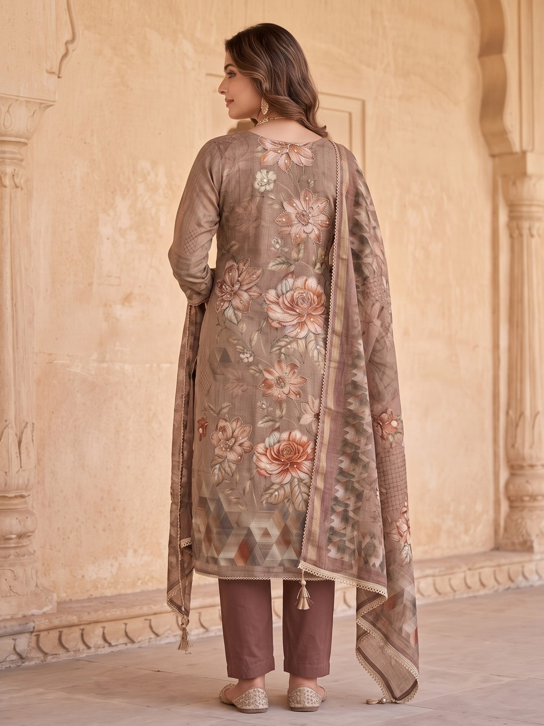 Peachmode Brown Unstitched Dress Material - Image 5