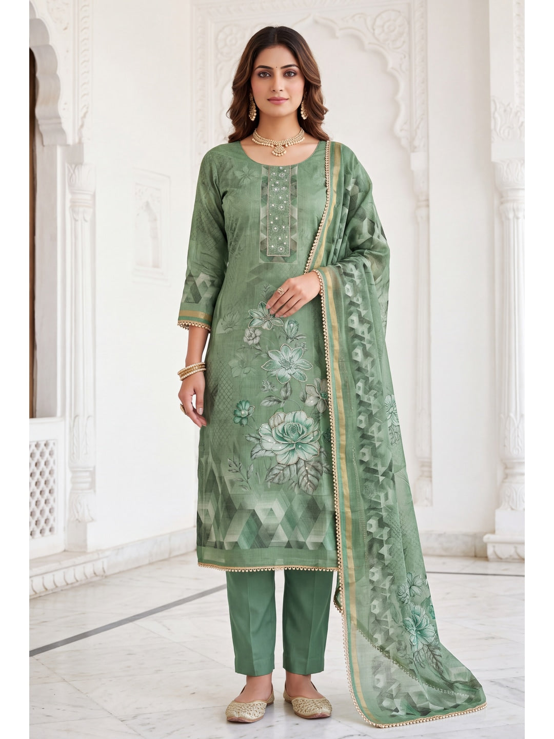 Peachmode Green Unstitched Dress Material - Image 3