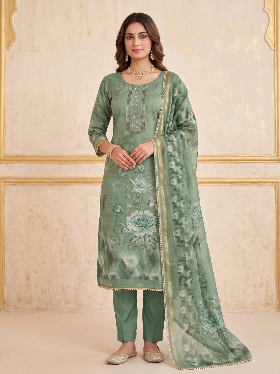 Peachmode Green Unstitched Dress Material - Image 2
