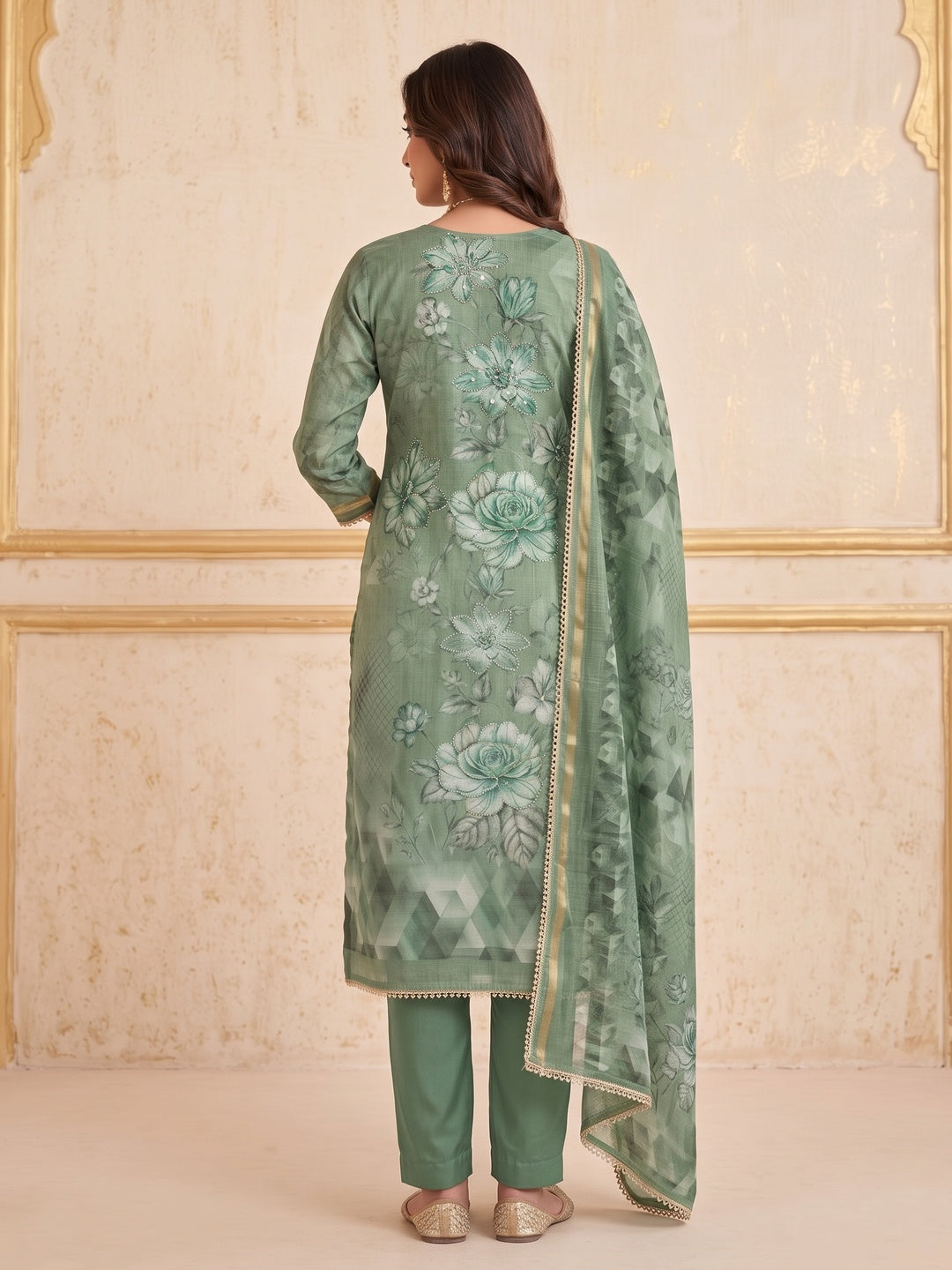 Peachmode Green Unstitched Dress Material - Image 5