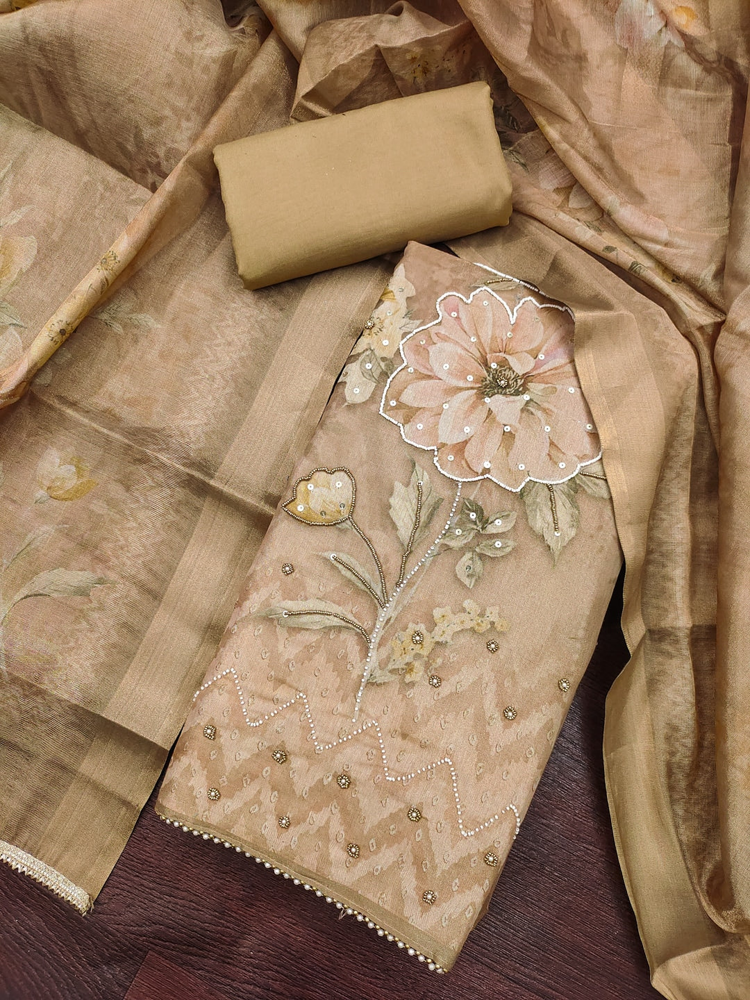 Peachmode Chikoo Unstitched Dress Material - Image 1