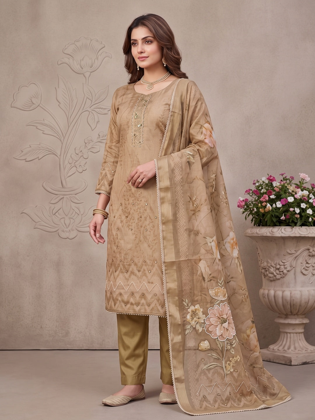Peachmode Chikoo Unstitched Dress Material - Image 2