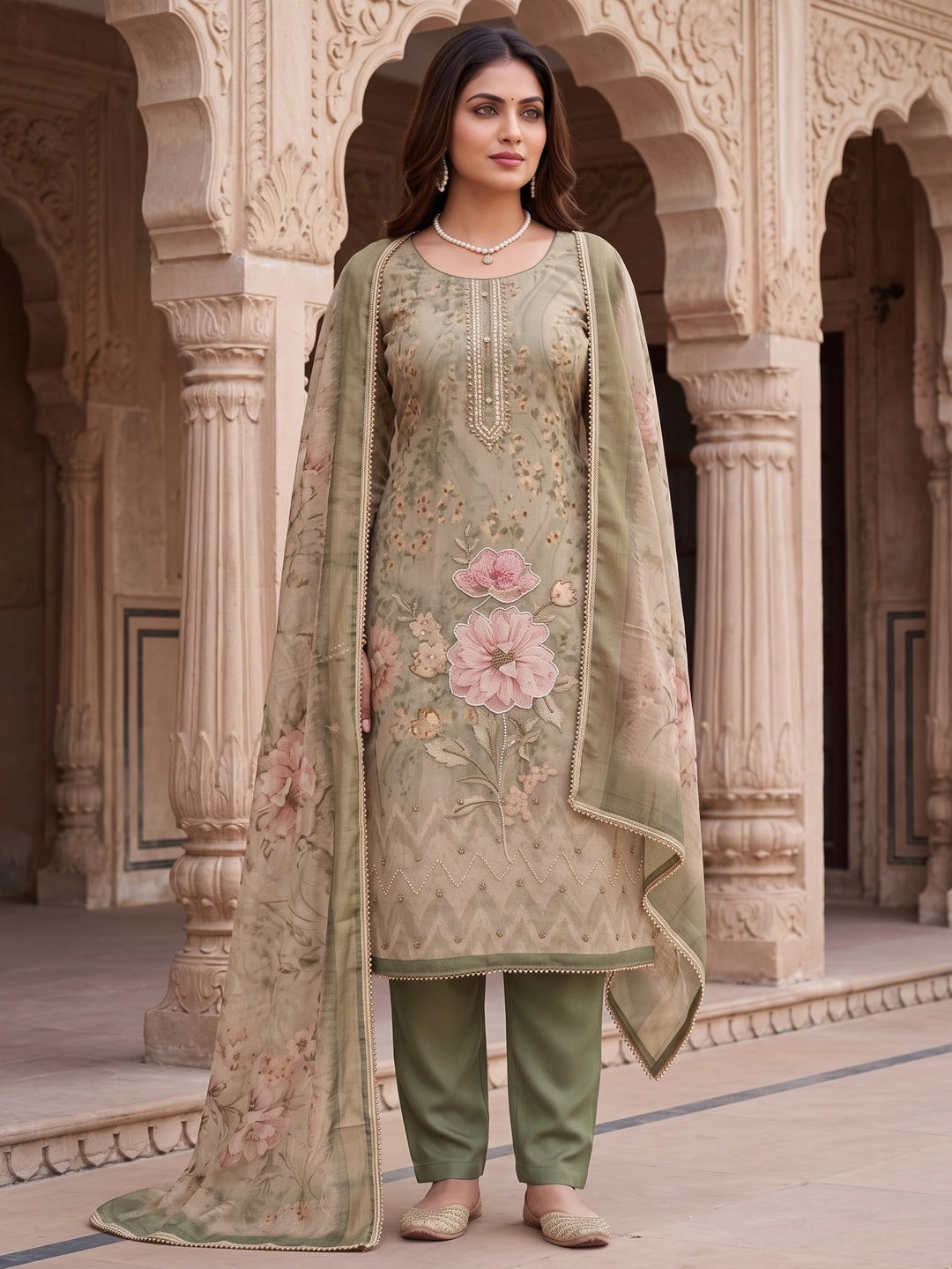 Peachmode Green Unstitched Dress Material - Image 2