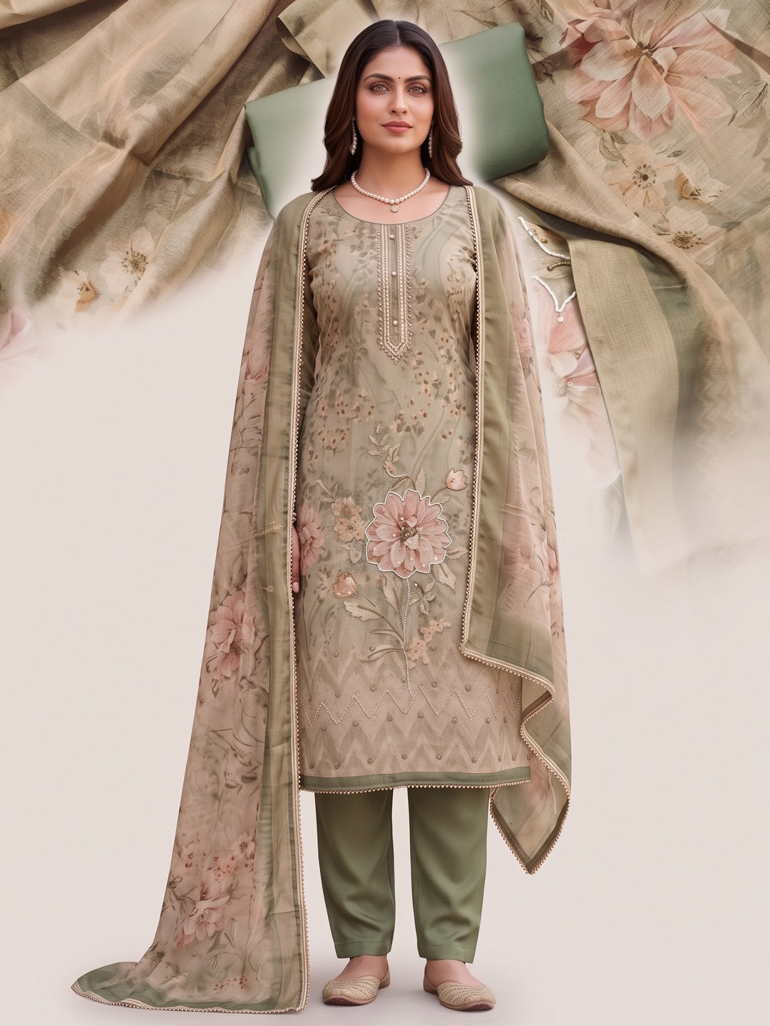 Peachmode Green Unstitched Dress Material - Image 4