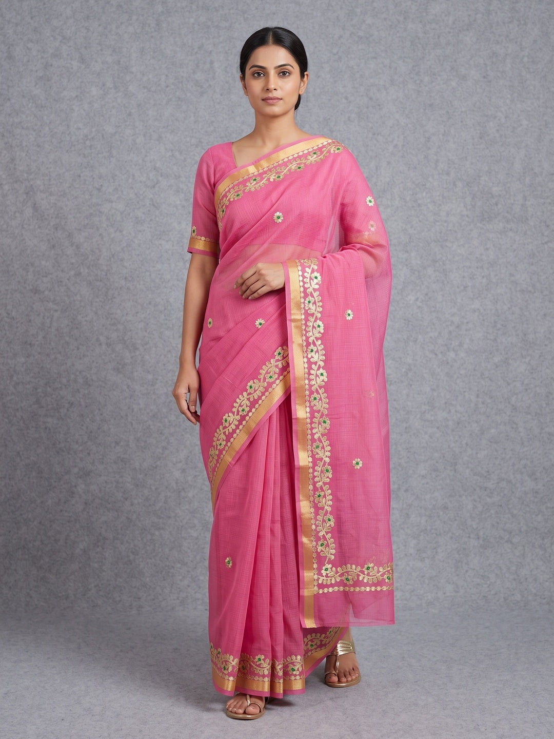 Graceful Pink Kota Doria Saree Adorned With Delicate Floral Gota Patti & Zari Weaving Border - Image 1