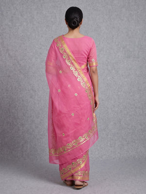 Graceful Pink Kota Doria Saree Adorned With Delicate Floral Gota Patti & Zari Weaving Border - Image 2