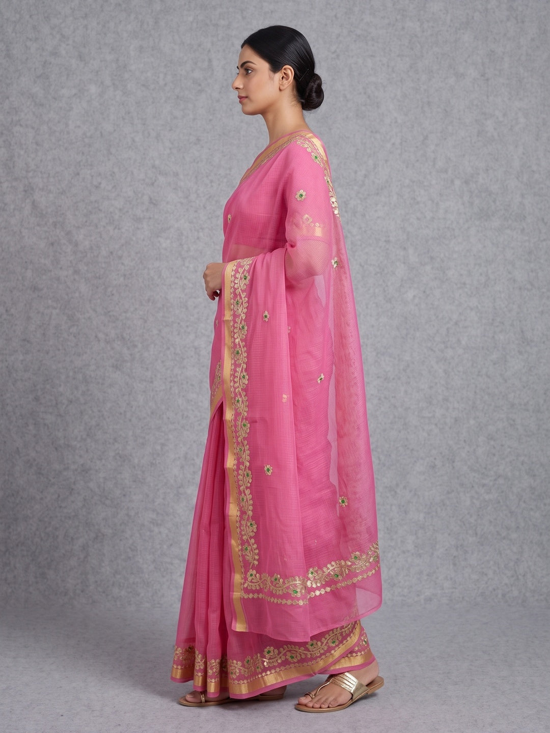 Graceful Pink Kota Doria Saree Adorned With Delicate Floral Gota Patti & Zari Weaving Border - Image 3