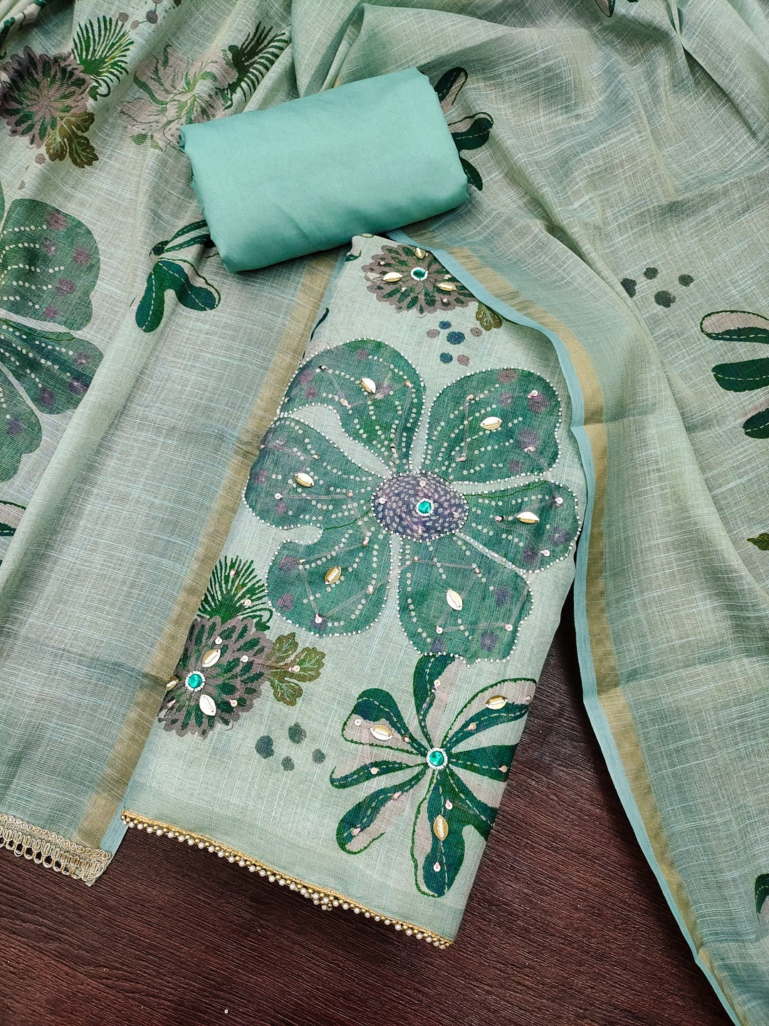 Peachmode Turquoise Unstitched Dress Material - Image 1