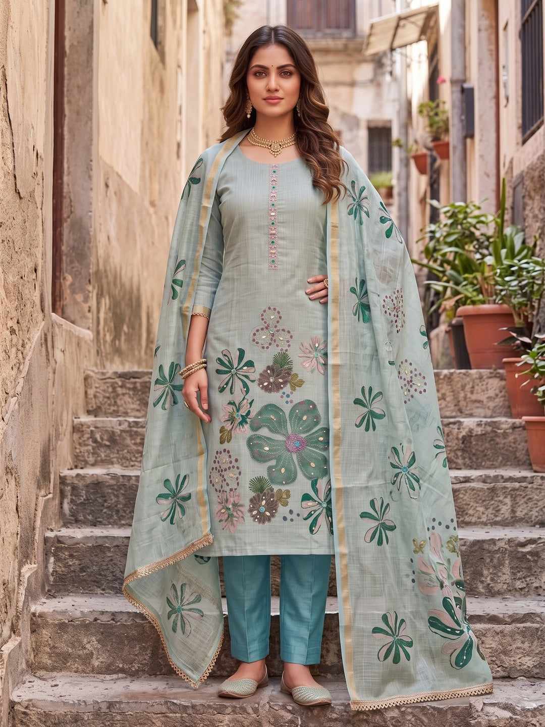 Peachmode Turquoise Unstitched Dress Material - Image 2