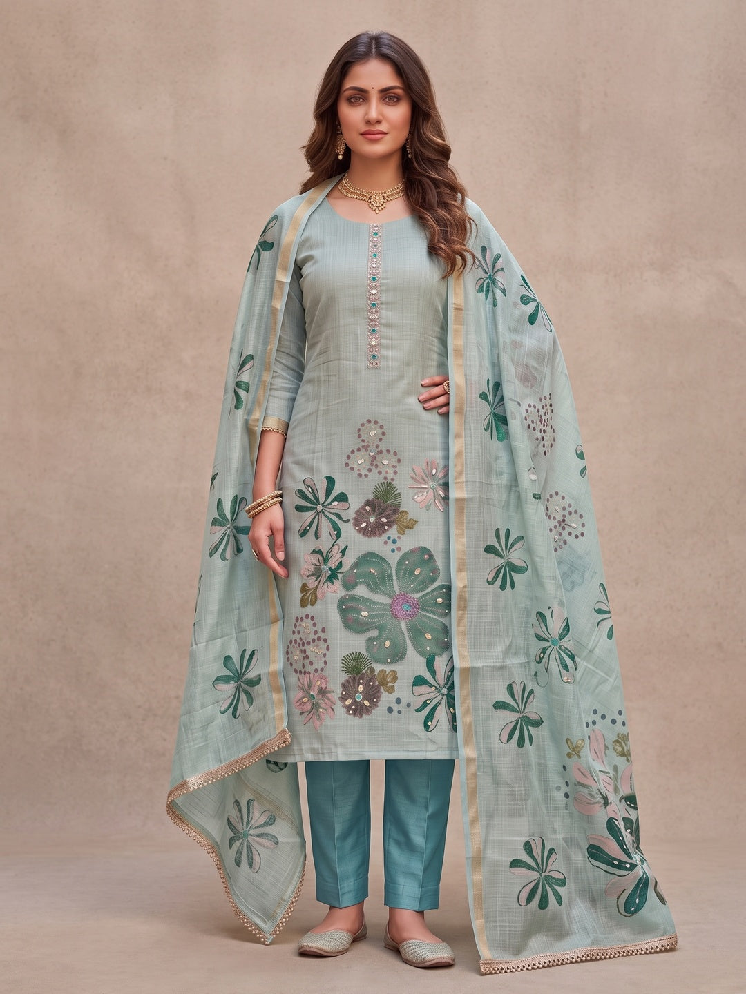 Peachmode Turquoise Unstitched Dress Material - Image 4