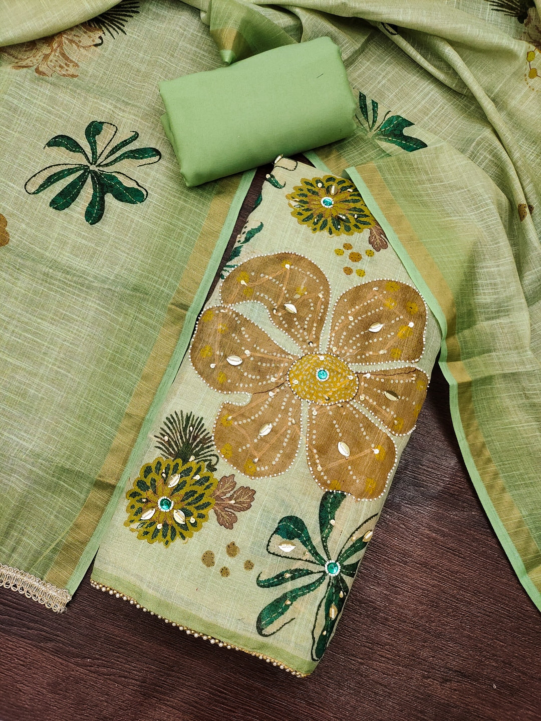 Peachmode Green Unstitched Dress Material - Image 1