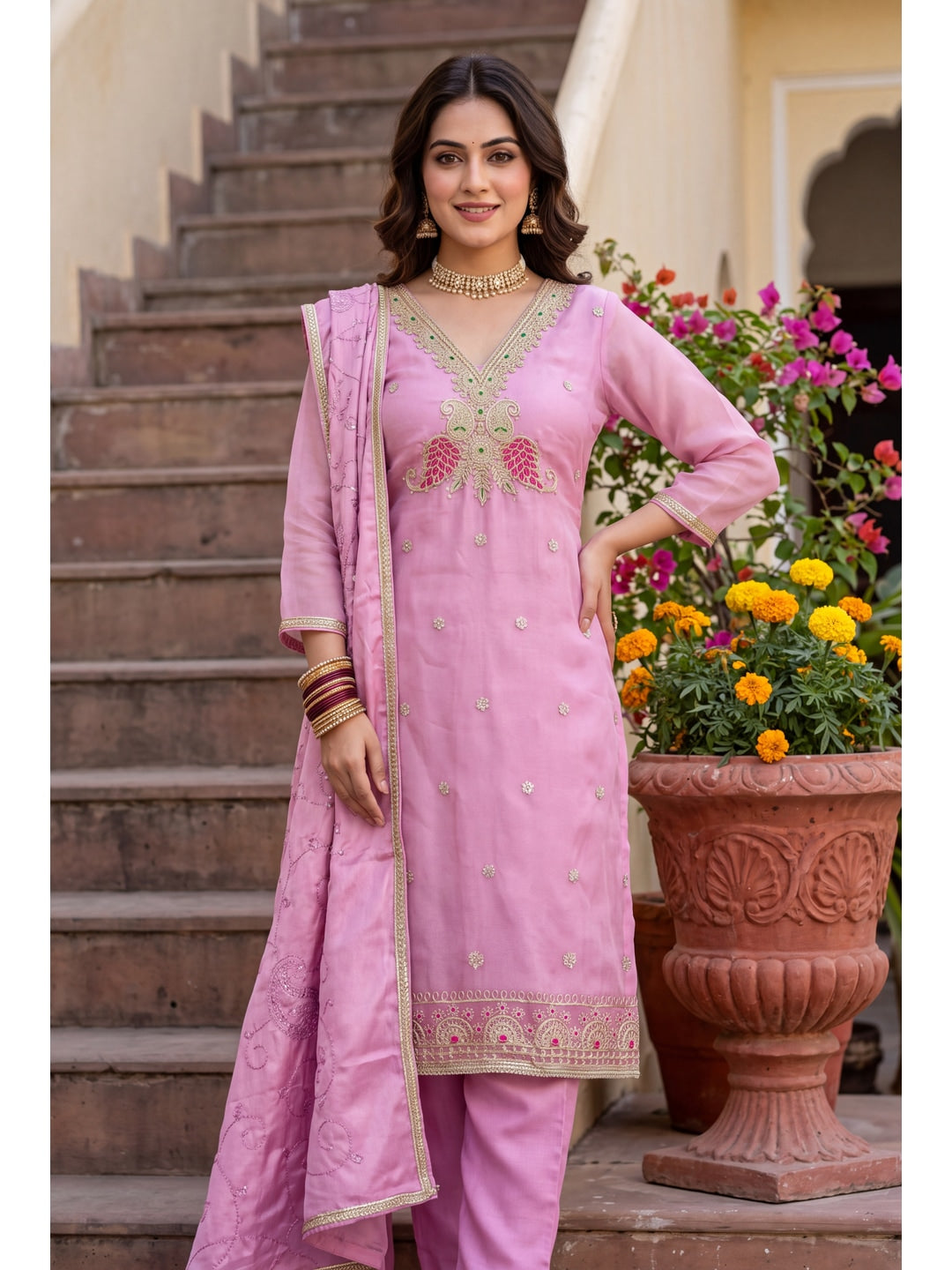 Peachmode Pink Unstitched Dress Material - Image 3