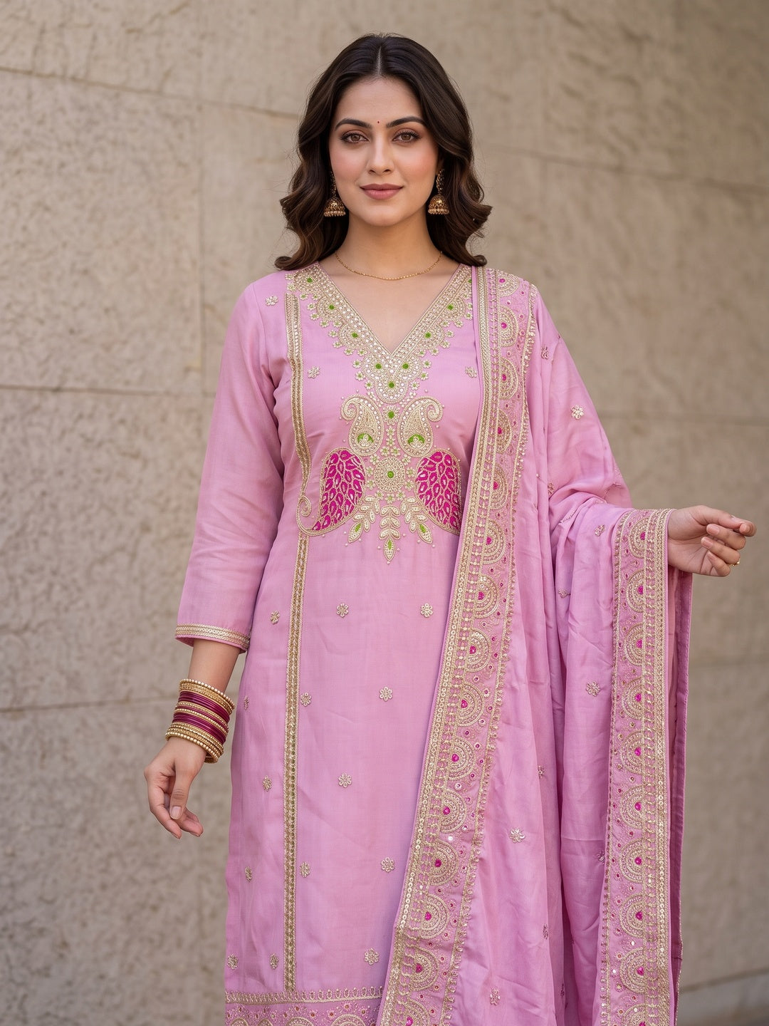 Peachmode Pink Unstitched Dress Material - Image 2