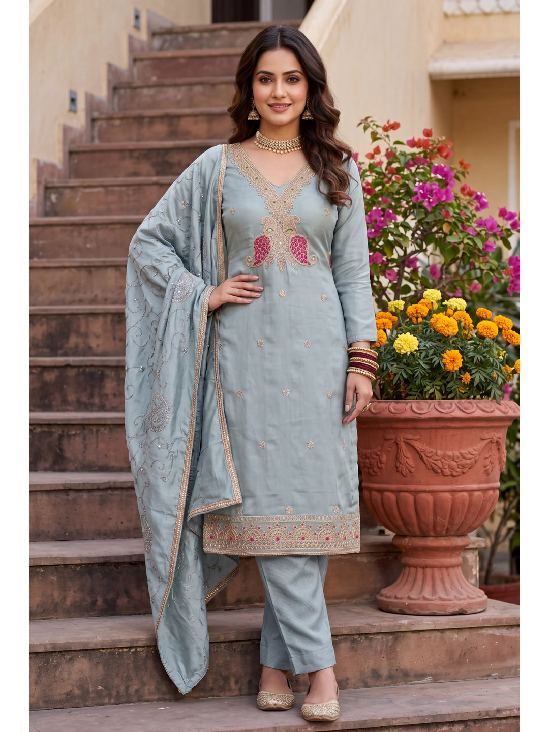 Peachmode Turquoise Unstitched Dress Material - Image 3