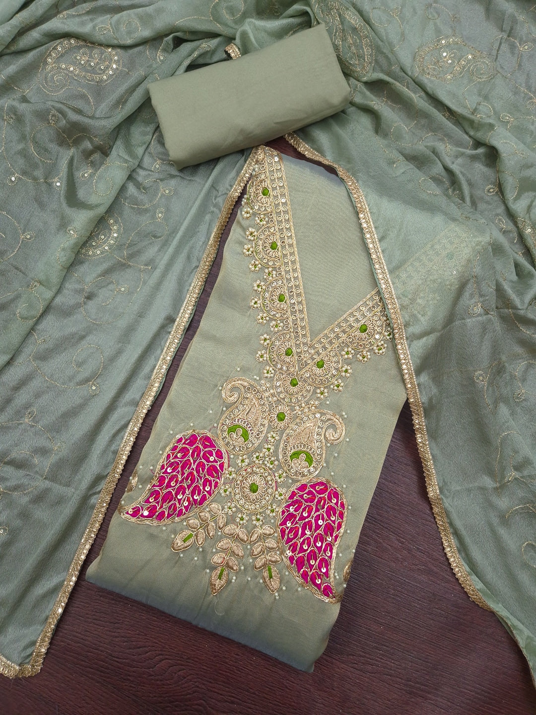 Peachmode Green Unstitched Dress Material - Image 1