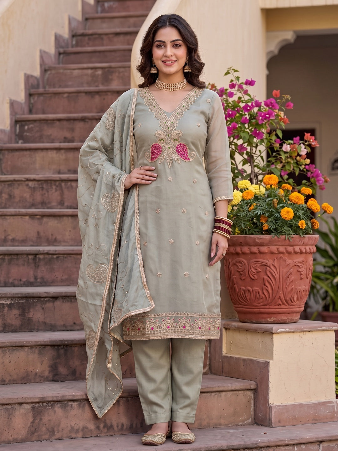 Peachmode Green Unstitched Dress Material - Image 2