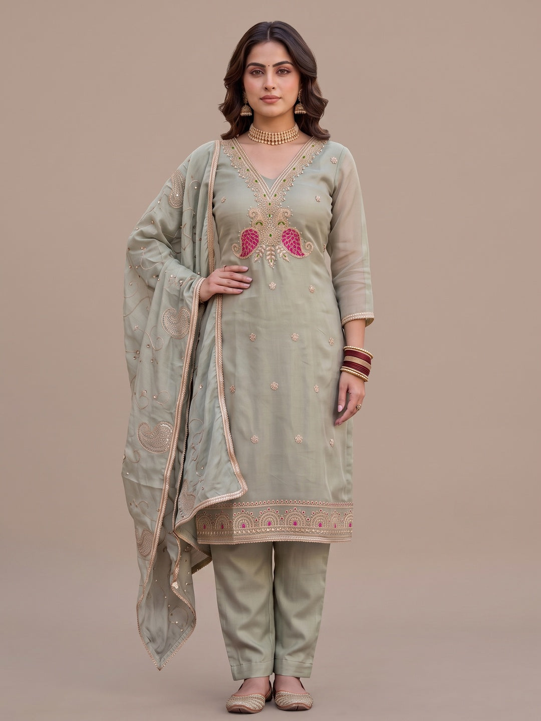 Peachmode Green Unstitched Dress Material - Image 4