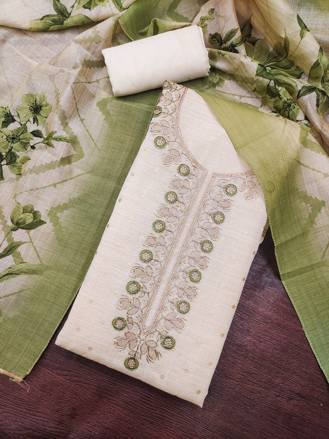 Peachmode Olive Unstitched Dress Material - Image 1