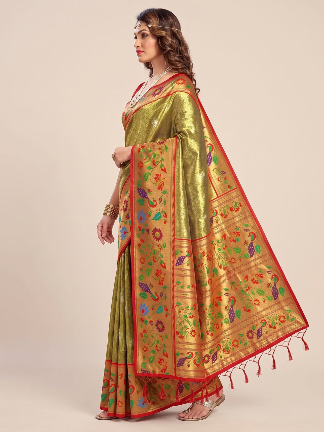 Mehendi Green Woven Raw Silk Paithani Saree With Tassels - Image 7