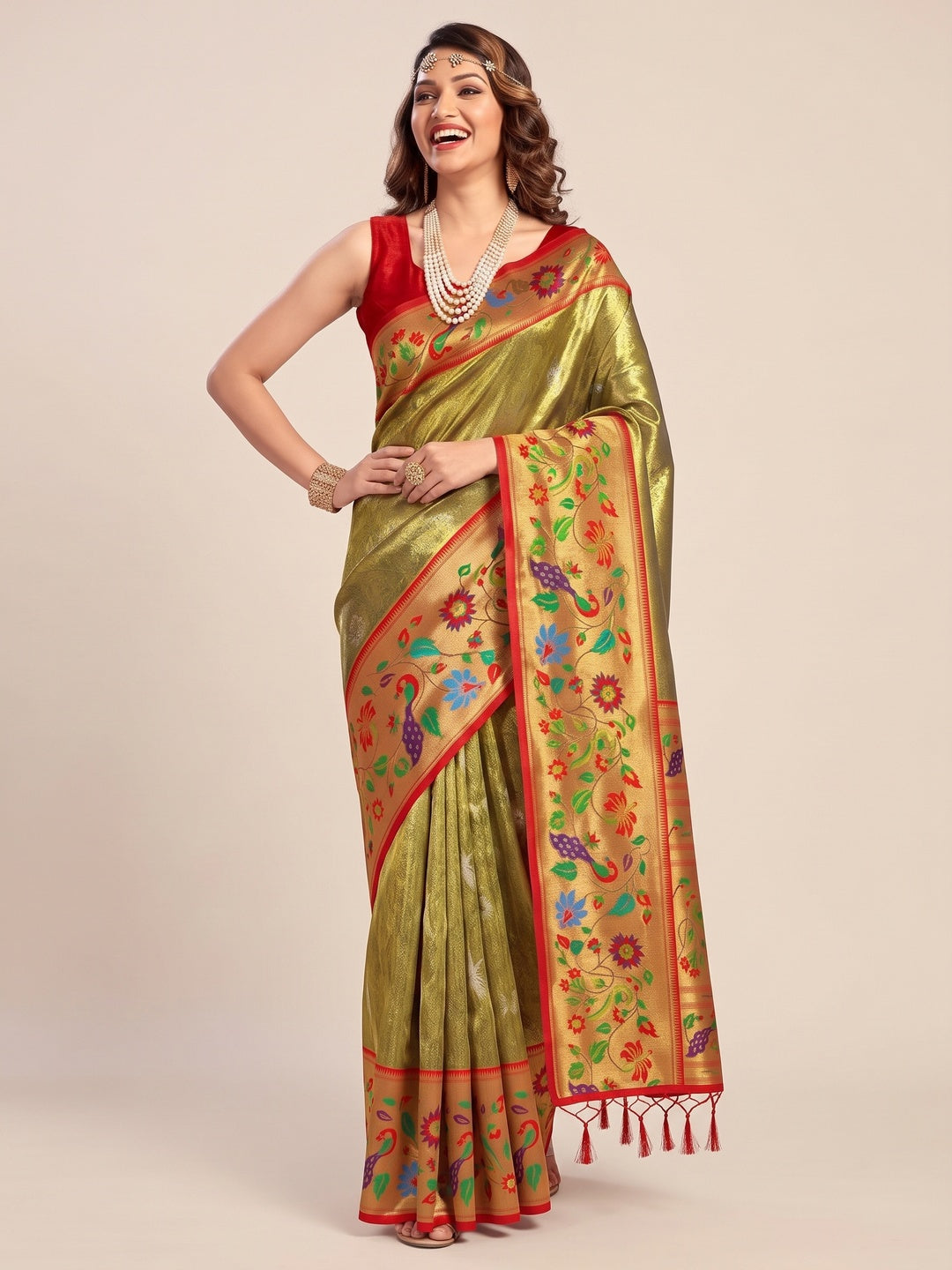 Mehendi Green Woven Raw Silk Paithani Saree With Tassels - Image 8