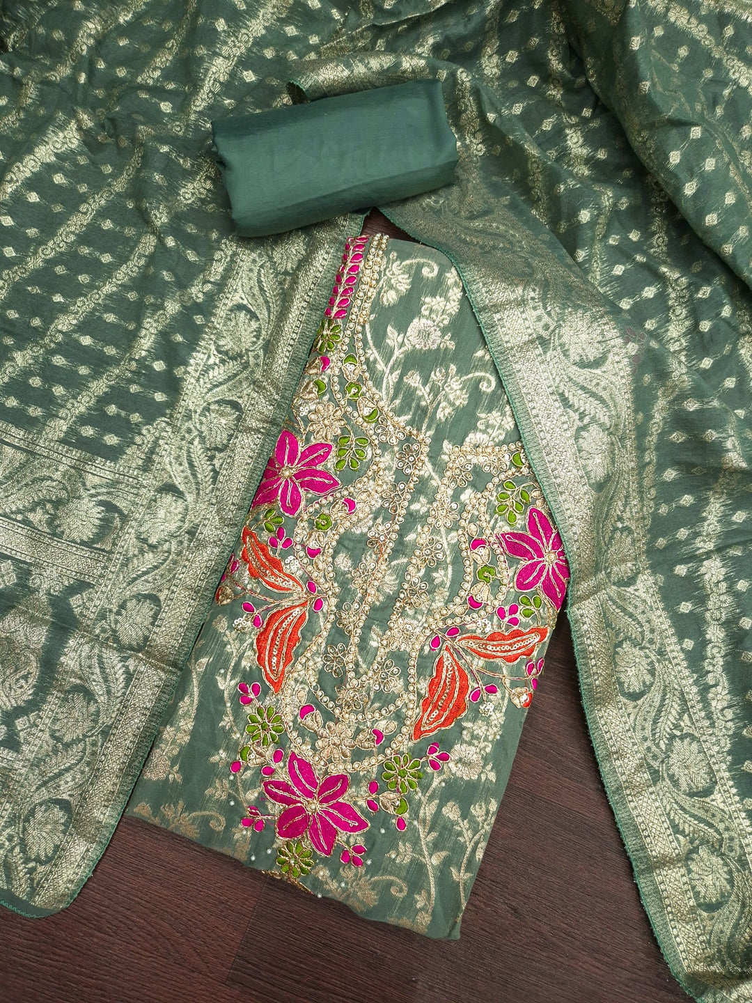 Peachmode Green Unstitched Dress Material - Image 1