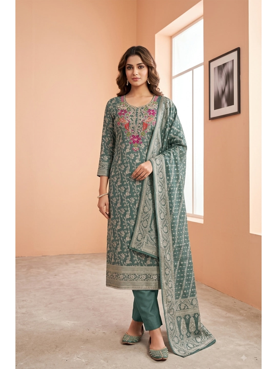 Peachmode Green Unstitched Dress Material - Image 3
