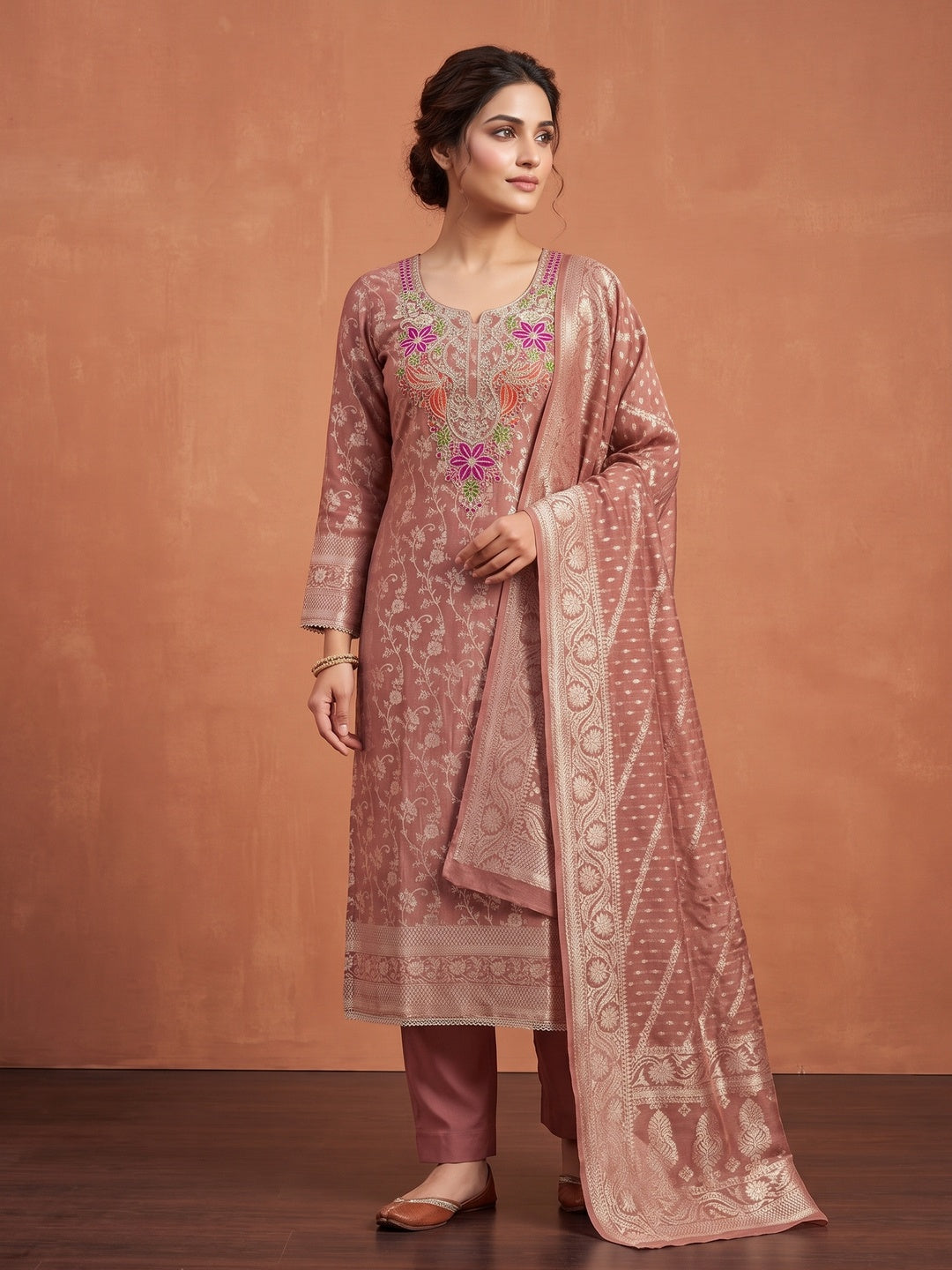 Peachmode Rust Unstitched Dress Material - Image 2