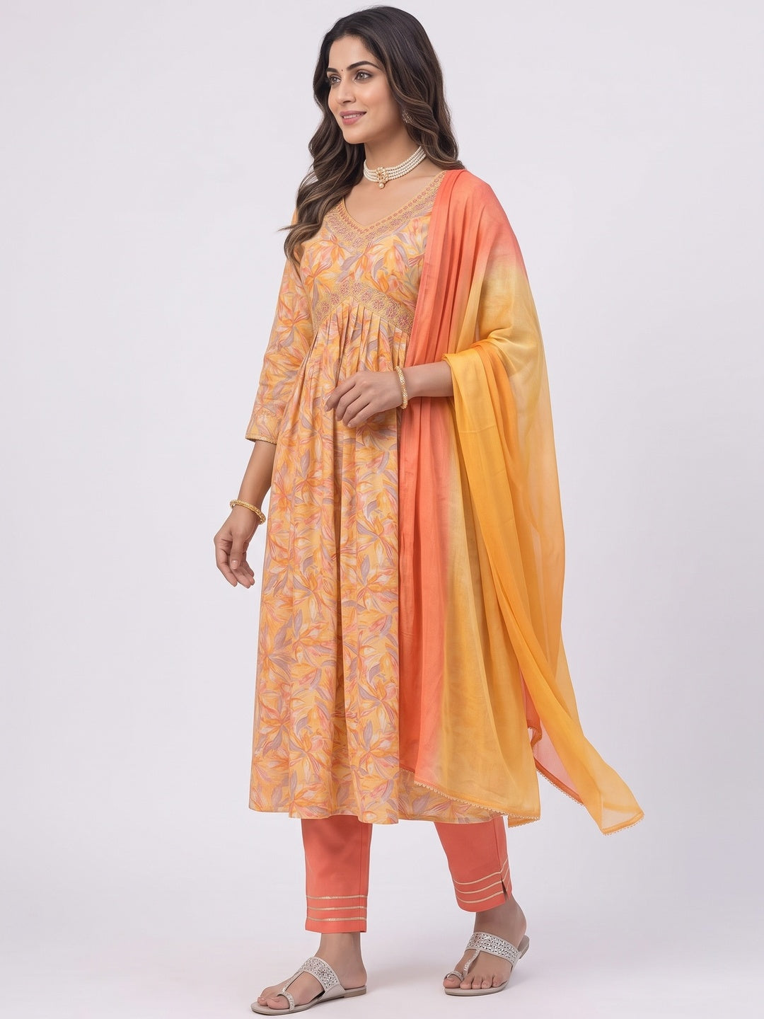 Yellow Floral Printed Modal Anarkali Salwar Suit - Image 4