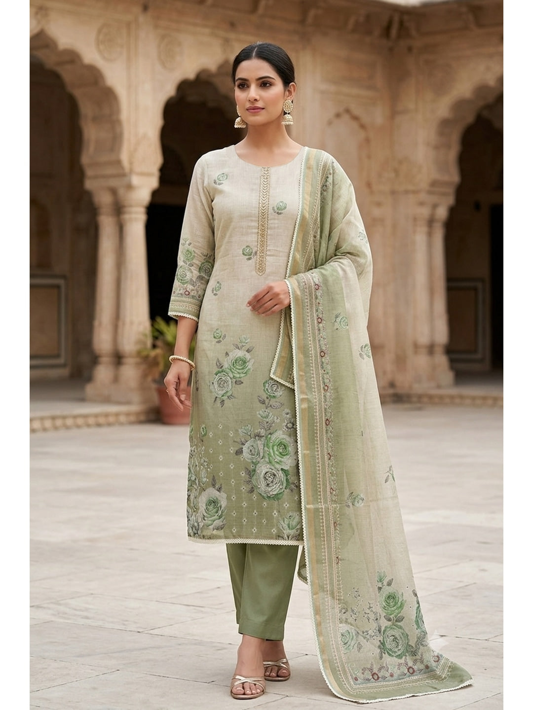 Peachmode Green Unstitched Dress Material - Image 3