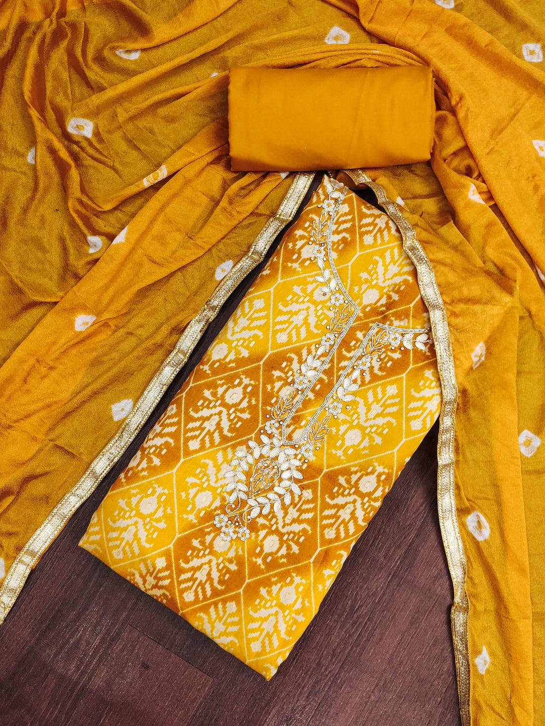 Peachmode Mustard Unstitched Dress Material - Image 1