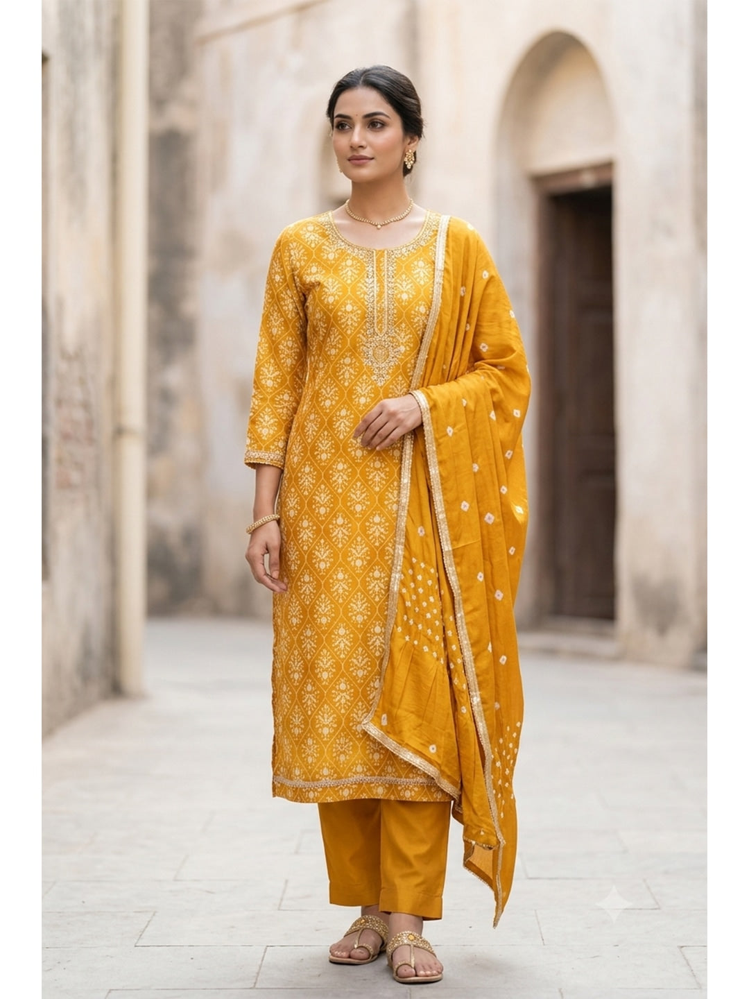 Peachmode Mustard Unstitched Dress Material - Image 3