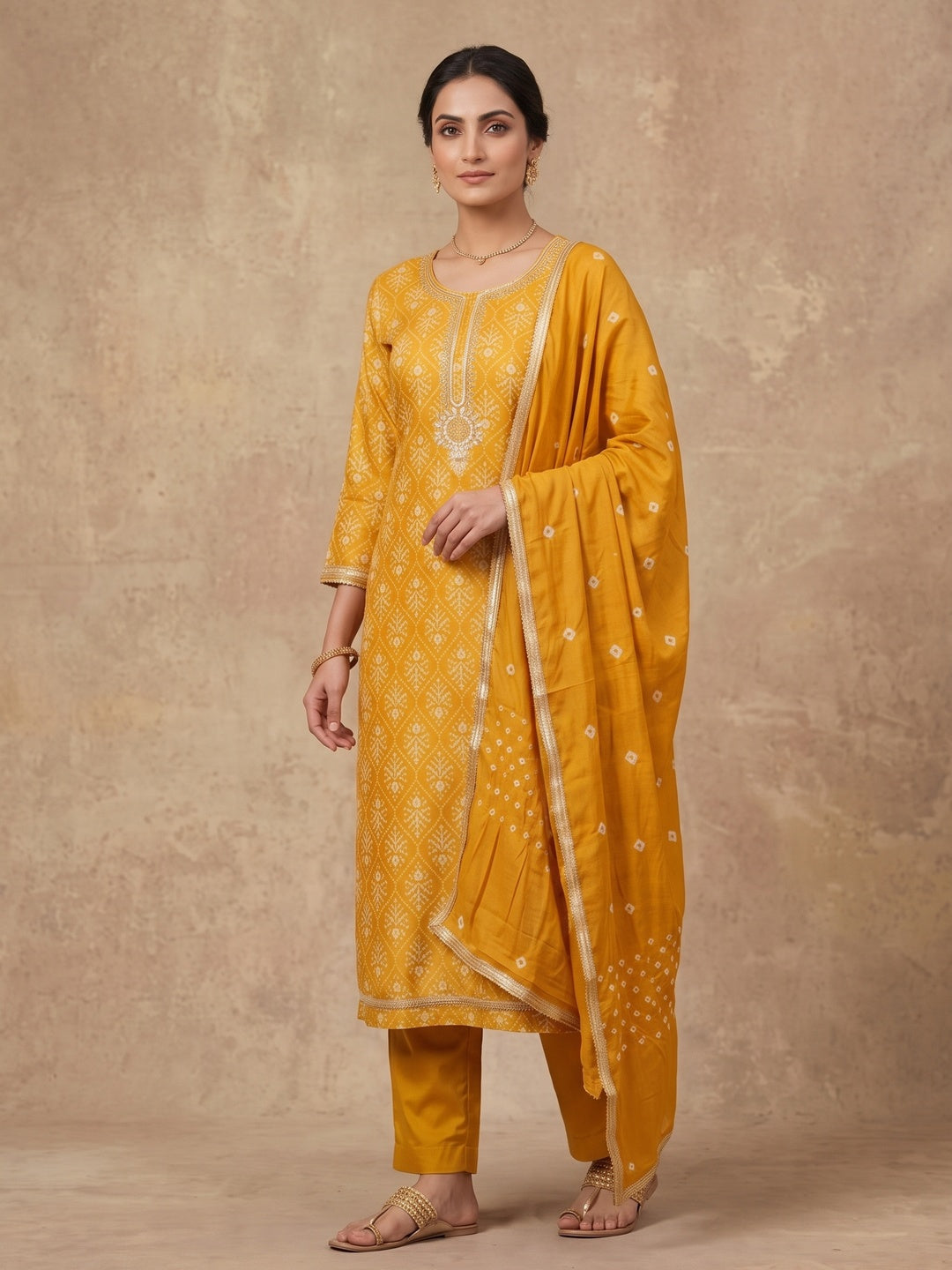 Peachmode Mustard Unstitched Dress Material - Image 4