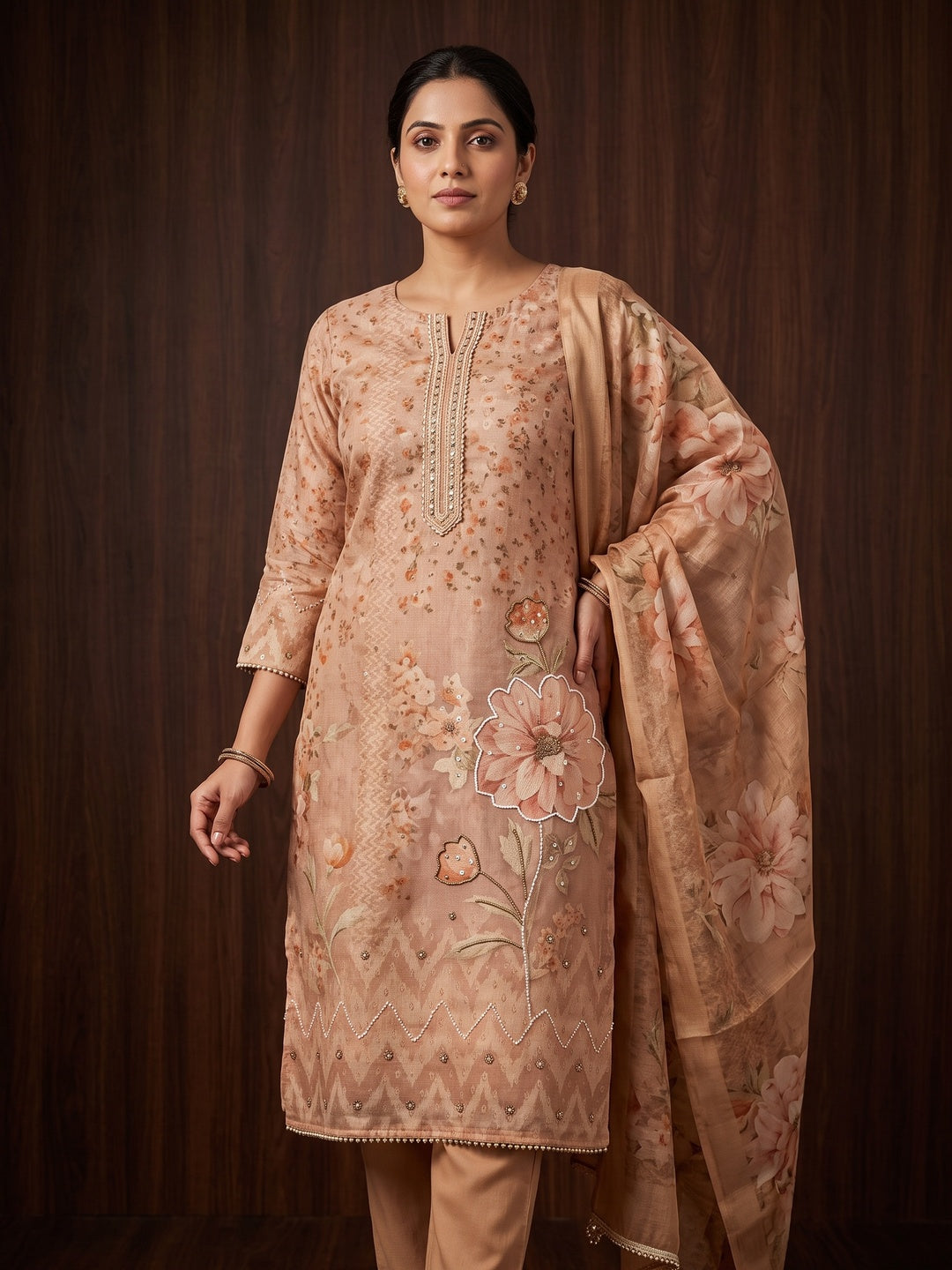 Peachmode Beige Unstitched Dress Material - Image 2